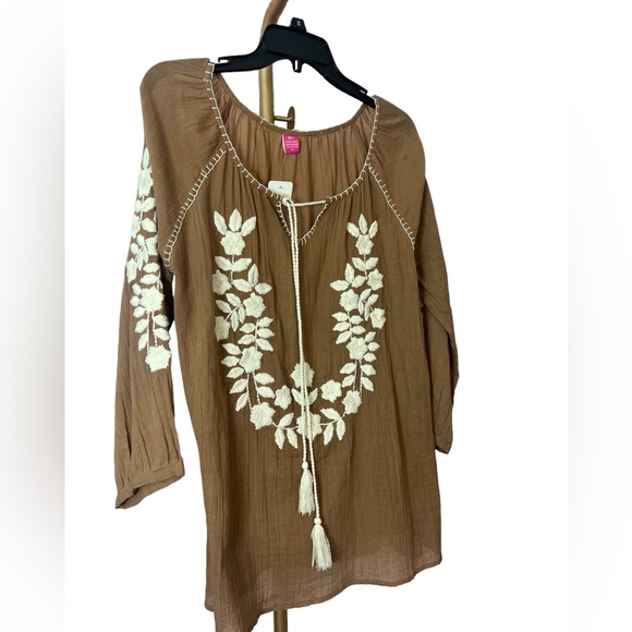 Sorrento Raj Brown & Ivory Embroidered 3/4 sleeve Top - Picture 5 of 5